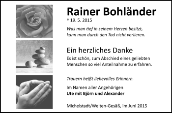 Traueranzeige von Rainer Bohländer von Odenwälder Echo