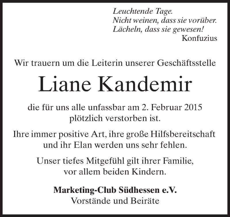  Traueranzeige für Liane Kandemir vom 07.02.2015 aus Echo-Zeitungen (Gesamtausgabe)