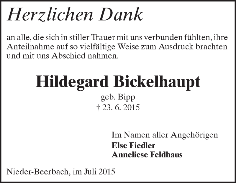  Traueranzeige für Hildegard Bickelhaupt vom 25.07.2015 aus Echo-Zeitungen (Gesamtausgabe)