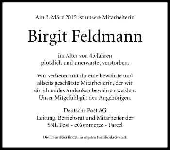 Traueranzeige von Birgit Feldmann von Echo-Zeitungen (Gesamtausgabe)