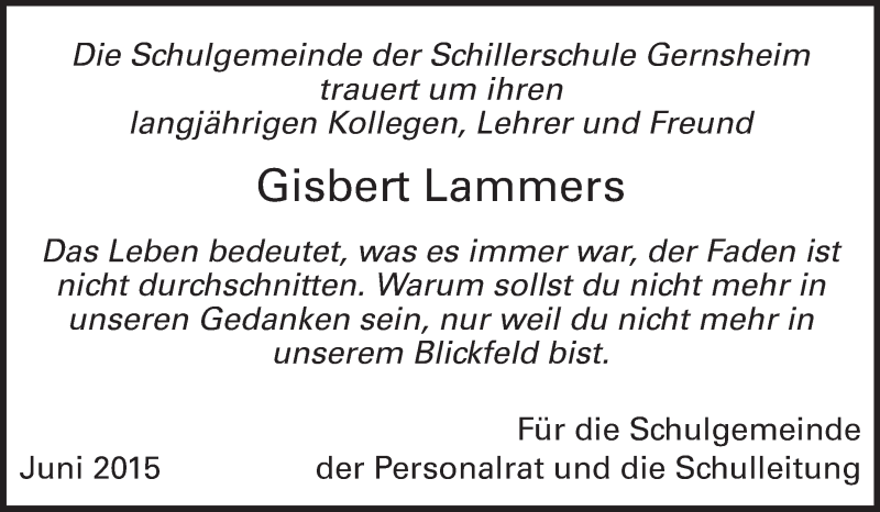  Traueranzeige für Gisbert Lammers vom 04.07.2015 aus Rüsselsheimer Echo, Groß-Gerauer-Echo, Ried Echo