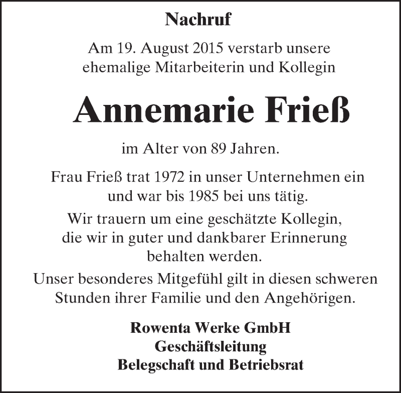  Traueranzeige für Annemarie Frieß vom 29.08.2015 aus trauer.echo-online.de
