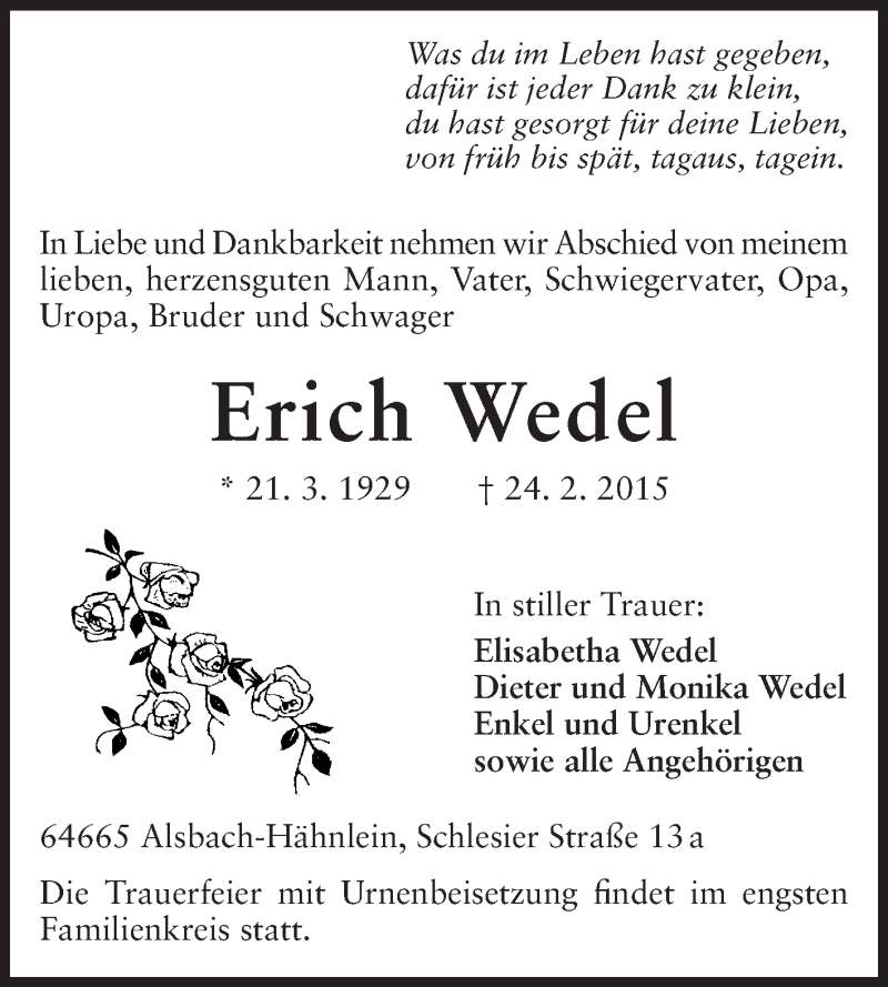  Traueranzeige für Erich Wedel vom 07.03.2015 aus Echo-Zeitungen (Gesamtausgabe)