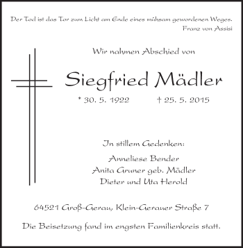 Traueranzeige von Siegfried Mädler von Rüsselsheimer Echo, Groß-Gerauer-Echo, Ried Echo