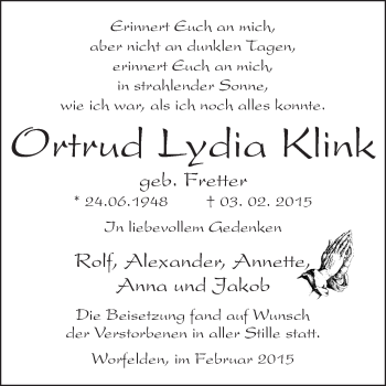 Traueranzeige von Ortrud Lydia Klink von Echo-Zeitungen (Gesamtausgabe)