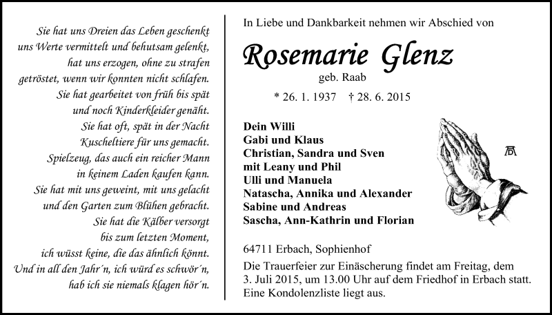  Traueranzeige für Rosemarie Glenz vom 01.07.2015 aus Odenwälder Echo