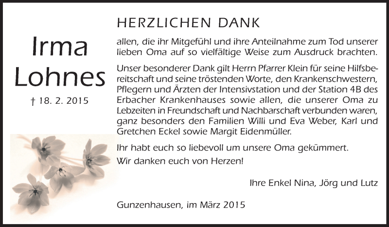  Traueranzeige für Irma Lohnes vom 21.03.2015 aus Odenwälder Echo