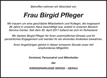 Traueranzeige von Birgid Pfleger von Rüsselsheimer Echo, Groß-Gerauer-Echo, Ried Echo