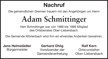 Traueranzeige von Adam Schmittinger von Starkenburger Echo