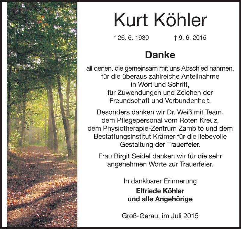  Traueranzeige für Kurt Köhler vom 04.07.2015 aus Rüsselsheimer Echo, Groß-Gerauer-Echo, Ried Echo