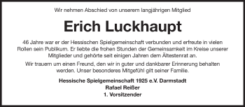 Traueranzeige von Erich Luckhaupt von Echo-Zeitungen (Gesamtausgabe)