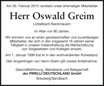 Traueranzeige von Oswald Greim von Odenwälder Echo