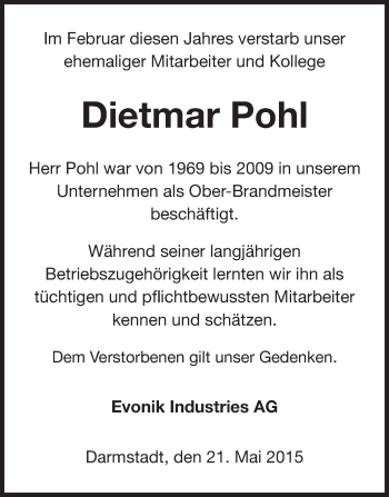 Traueranzeige von Dietmar Pohl von Echo-Zeitungen (Gesamtausgabe)