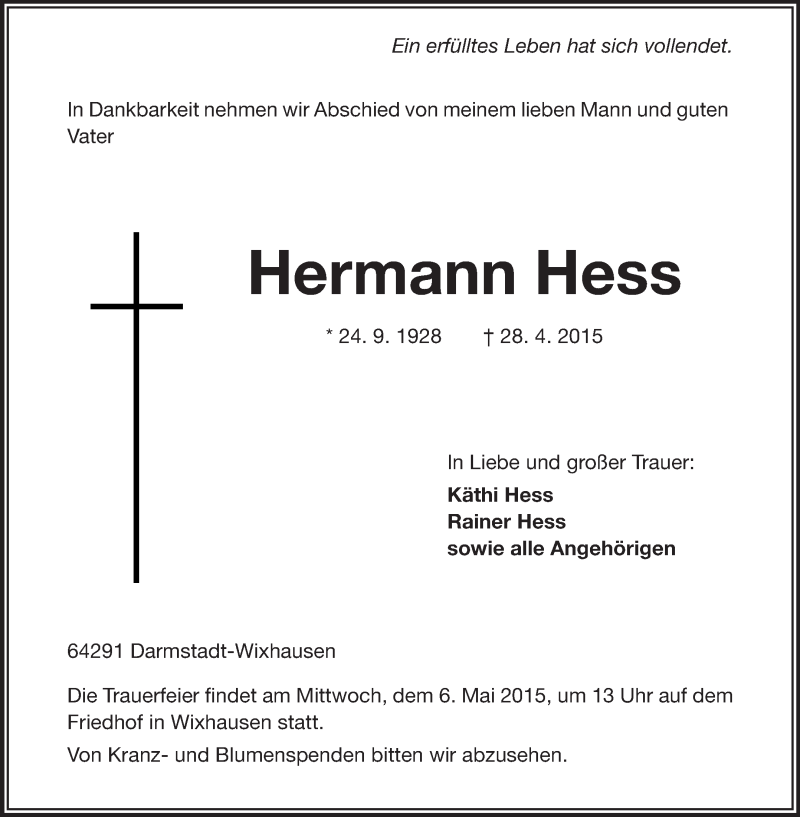  Traueranzeige für Hermann Hess vom 02.05.2015 aus Echo-Zeitungen (Gesamtausgabe)