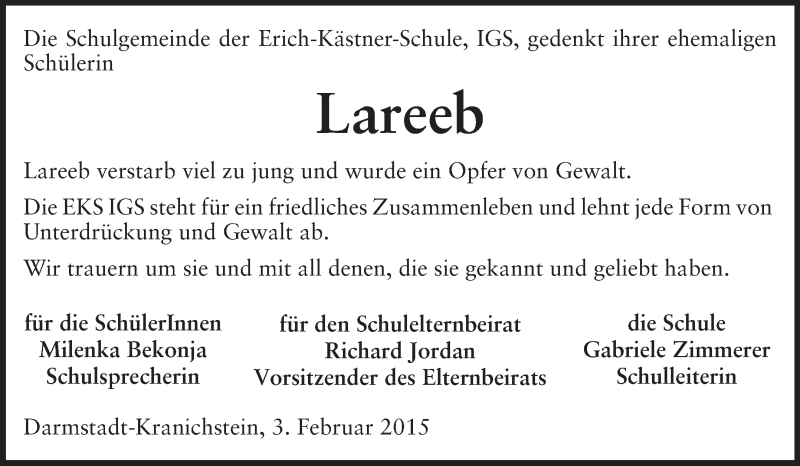  Traueranzeige für Lareeb Khan vom 03.02.2015 aus Echo-Zeitungen (Gesamtausgabe)