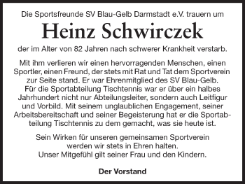 Traueranzeige von Heinz Schwirczek von Echo-Zeitungen (Gesamtausgabe)