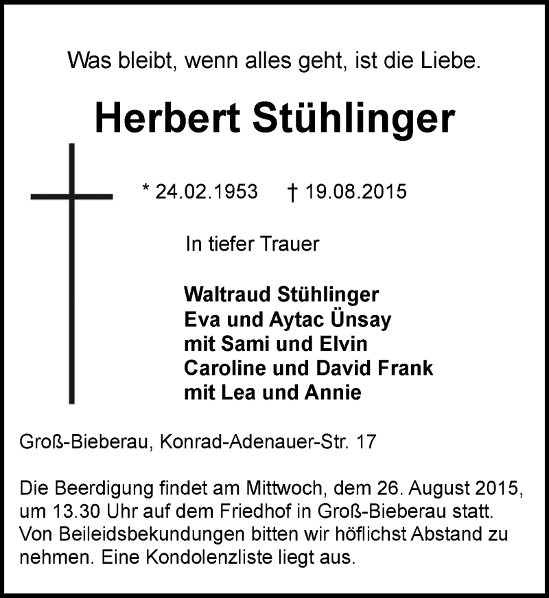  Traueranzeige für Herbert Stühlinger vom 22.08.2015 aus trauer.echo-online.de