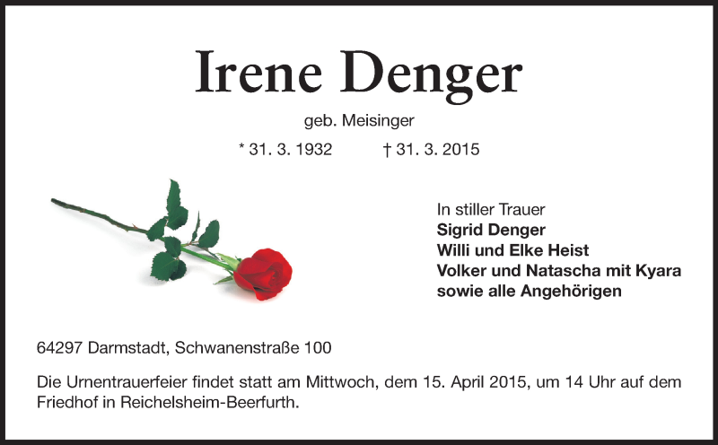  Traueranzeige für Irene Denger vom 11.04.2015 aus Echo-Zeitungen (Gesamtausgabe)