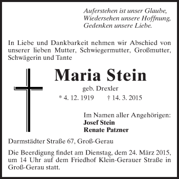 Traueranzeige von Maria Stein von Echo-Zeitungen (Gesamtausgabe)