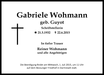 Traueranzeige von Gabriele Wohmann von Echo-Zeitungen (Gesamtausgabe)
