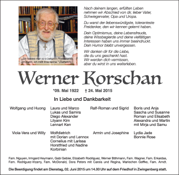 Traueranzeige von Werner Korschan von Echo-Zeitungen (Gesamtausgabe)