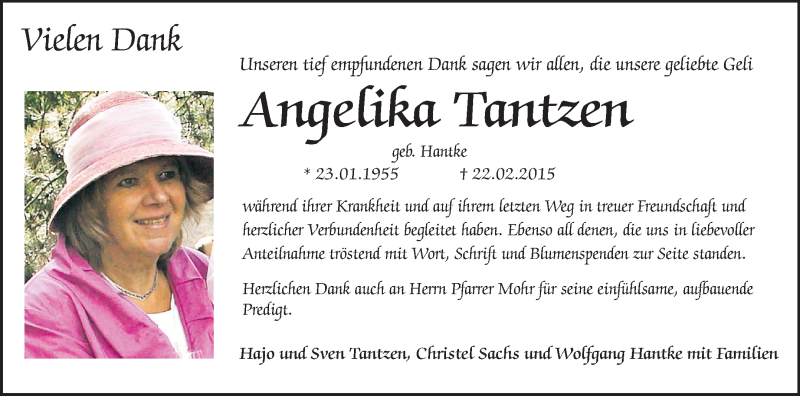  Traueranzeige für Angelika Tantzen vom 18.03.2015 aus Echo-Zeitungen (Gesamtausgabe)