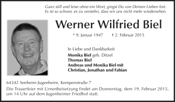 Traueranzeige von Werner Wilfried Biel von Echo-Zeitungen (Gesamtausgabe)