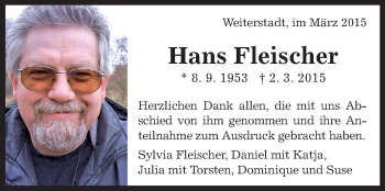 Traueranzeige von Hans Fleischer von Echo-Zeitungen (Gesamtausgabe)