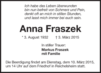 Traueranzeige von Anna Fraszek von Odenwälder Echo