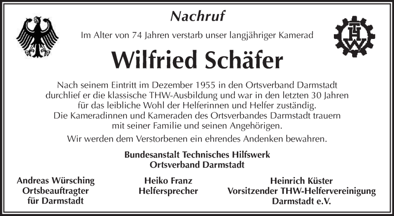  Traueranzeige für Wilfried Schäfer vom 25.04.2015 aus Echo-Zeitungen (Gesamtausgabe)
