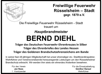 Traueranzeige von Bernd Diehl von Rüsselsheimer Echo, Groß-Gerauer-Echo, Ried Echo