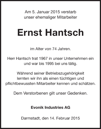 Traueranzeige von Ernst Hantsch von Echo-Zeitungen (Gesamtausgabe)