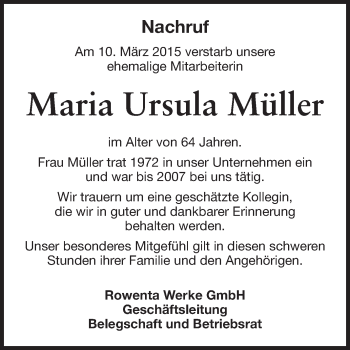 Traueranzeige von Maria Ursula Müller von Odenwälder Echo