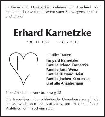Traueranzeige von Erhard Karnetzke von Echo-Zeitungen (Gesamtausgabe)