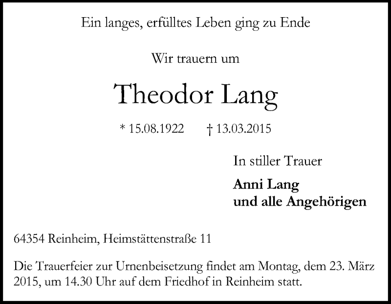  Traueranzeige für Theodor Lang vom 18.03.2015 aus Darmstädter Echo, Odenwälder Echo, Rüsselsheimer Echo, Groß-Gerauer-Echo, Ried Echo