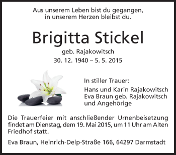Traueranzeige von Brigitta Stickel von Echo-Zeitungen (Gesamtausgabe)