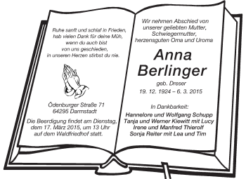 Traueranzeige von Anna Berlinger von Echo-Zeitungen (Gesamtausgabe)