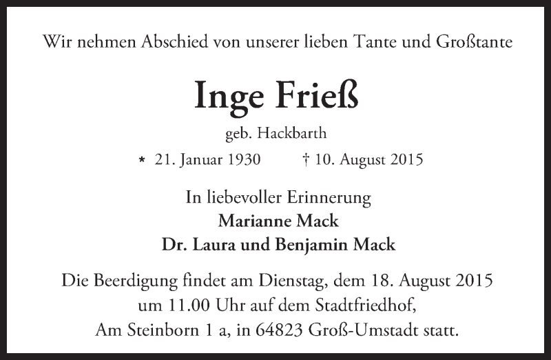  Traueranzeige für Inge Frieß vom 15.08.2015 aus trauer.echo-online.de