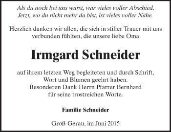 Traueranzeige von Irmgard Schneider von Rüsselsheimer Echo, Groß-Gerauer-Echo, Ried Echo