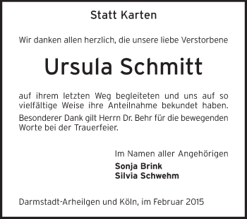 Traueranzeige von Ursula Schmitt von Echo-Zeitungen (Gesamtausgabe)