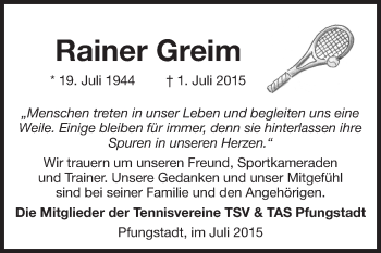 Traueranzeige von Rainer Greim von Echo-Zeitungen (Gesamtausgabe)