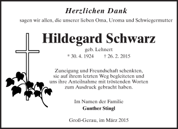 Traueranzeige von Hildegard Schwarz von Rüsselsheimer Echo, Groß-Gerauer-Echo, Ried Echo