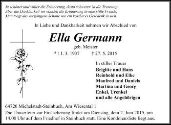 Traueranzeige von Ella Germann von Odenwälder Echo