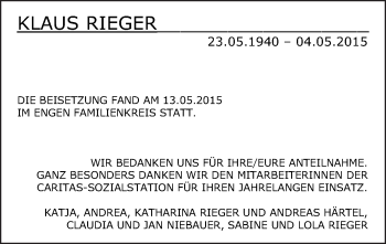 Traueranzeige von Klaus Rieger von Starkenburger Echo