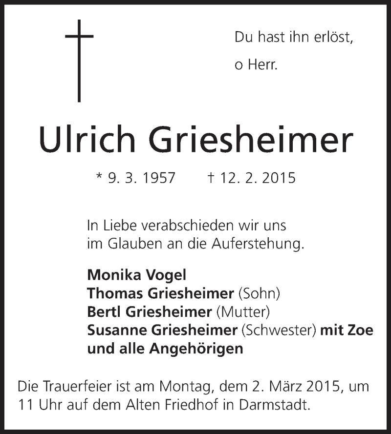  Traueranzeige für Ulrich Griesheimer vom 21.02.2015 aus Echo-Zeitungen (Gesamtausgabe)