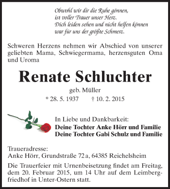 Traueranzeige von Renate Schluchter von Odenwälder Echo