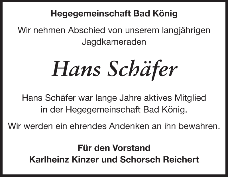  Traueranzeige für Hans Schäfer vom 03.02.2015 aus Odenwälder Echo