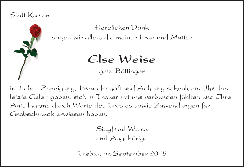  Traueranzeige für Else Weise vom 15.09.2015 aus trauer.echo-online.de
