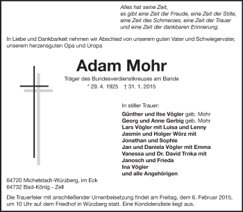 Traueranzeige von Adam Mohr von Odenwälder Echo