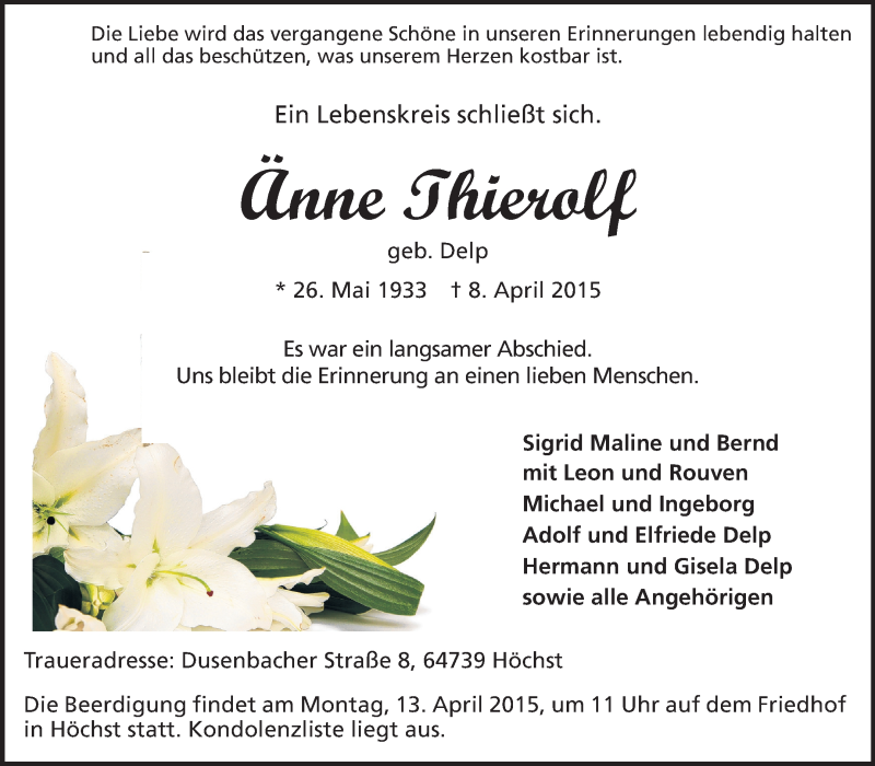  Traueranzeige für Änne Thierolf vom 10.04.2015 aus Echo-Zeitungen (Gesamtausgabe)